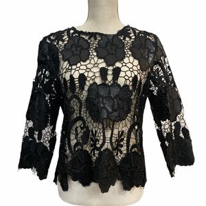 Garcia Faux Leather Floral Mesh Top